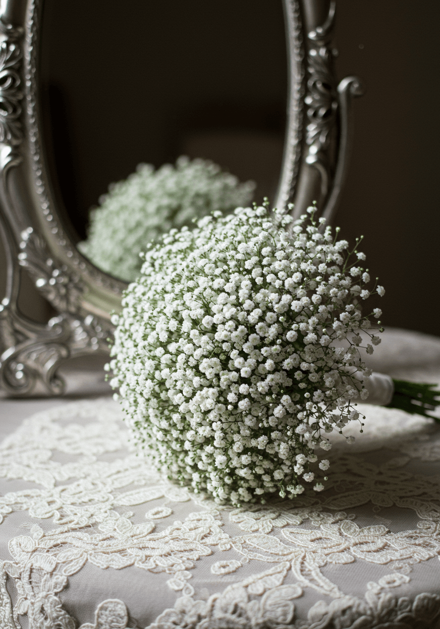 Round baby's breath bouquet resting on vintage lace tablecloth beside ornate silver mirror
