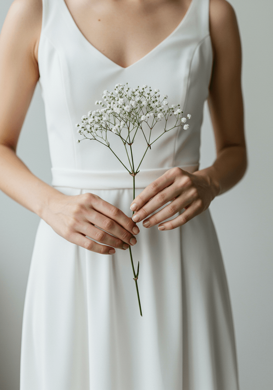 Medium shot of bride holding single baby's breath stem in minimalist white studio