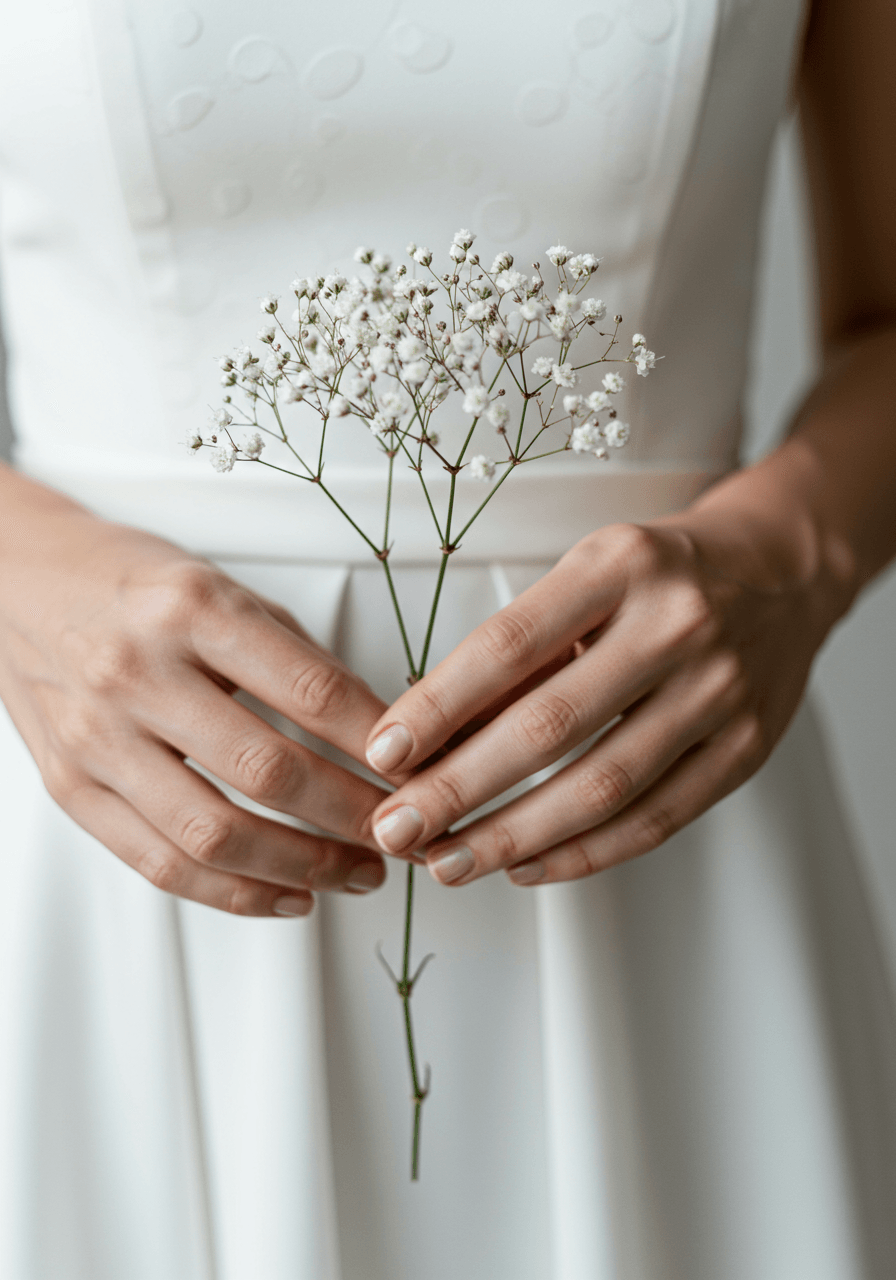 Close-up of hands holding single baby's breath stem against white dress in studio setting