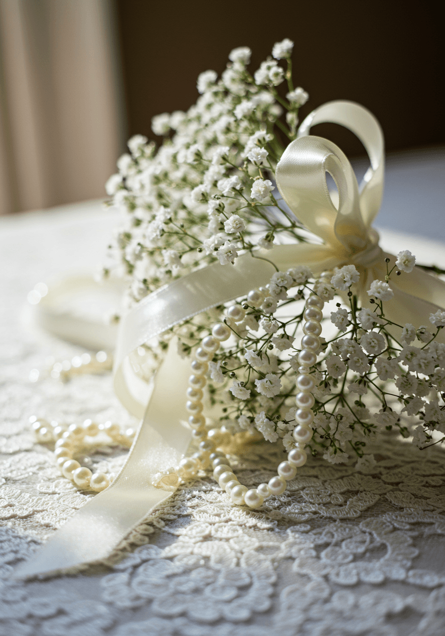 Close-up of baby's breath stems wrapped with cascading pearl strands on vintage lace