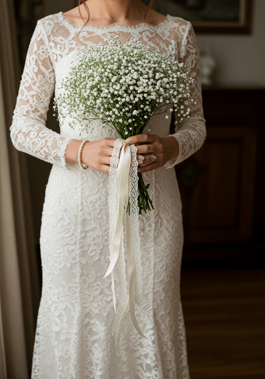 Bride lifting cascading baby's breath bouquet wrapped with intricate lace in golden light