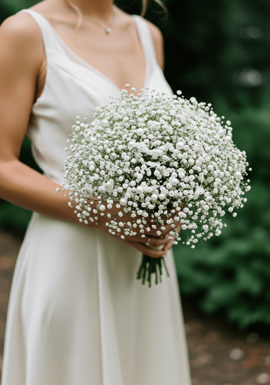 Detailed view of bride with pearl-accented baby's breath bouquet in garden courtyard