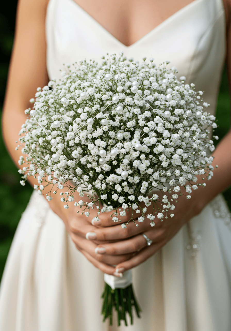 Bride holding baby's breath bouquet with pearl accents in ivory silk gown
