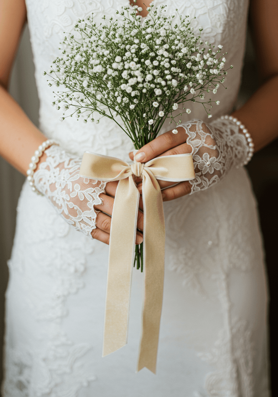 Close-up of hands in lace gloves holding baby's breath bouquet with cream velvet ribbon in bridal suite