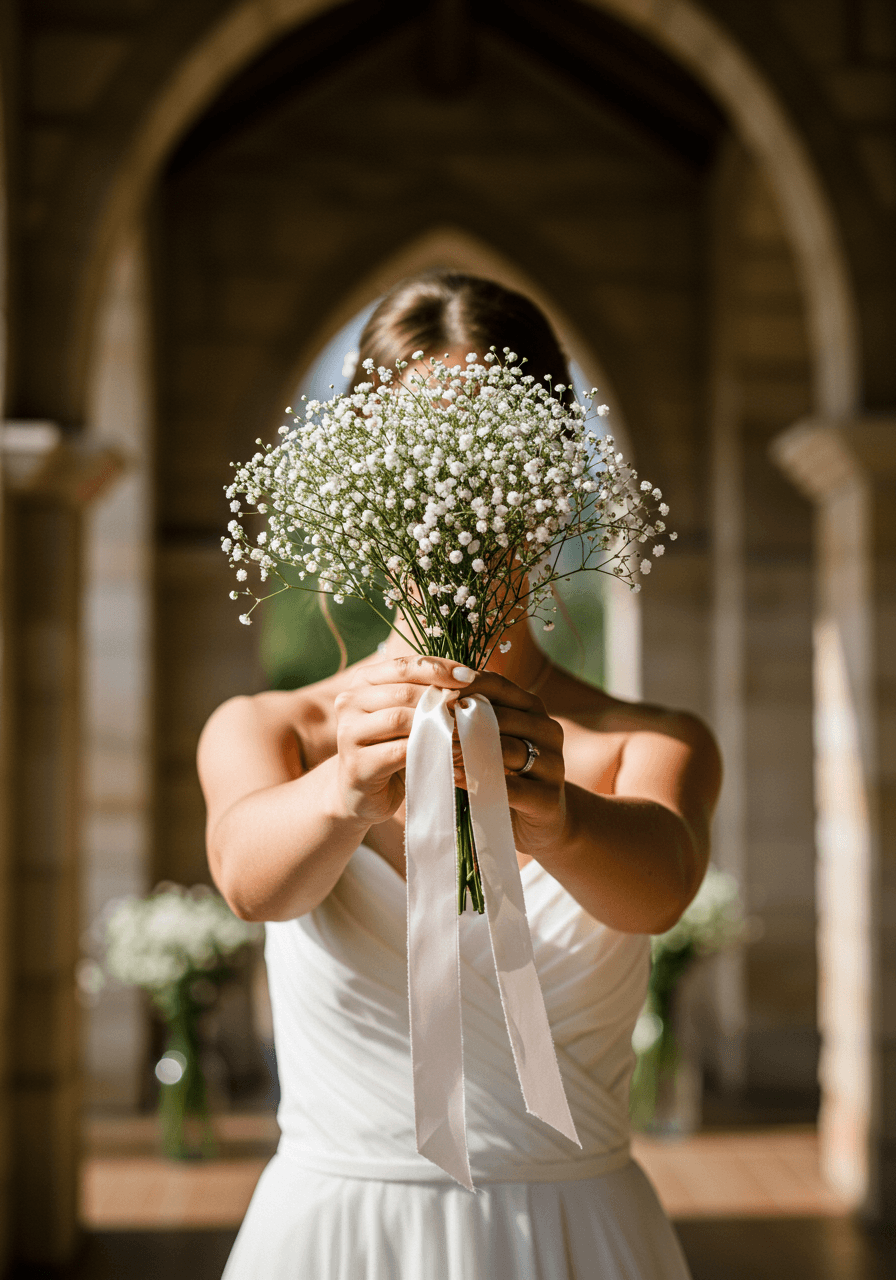 Bride lifting small baby's breath nosegay bouquet toward face in chapel setting