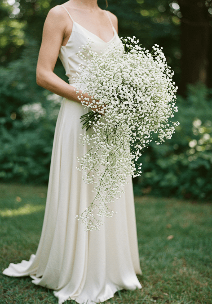 Bride holding asymmetrical baby's breath bouquet flowing to one side in garden setting