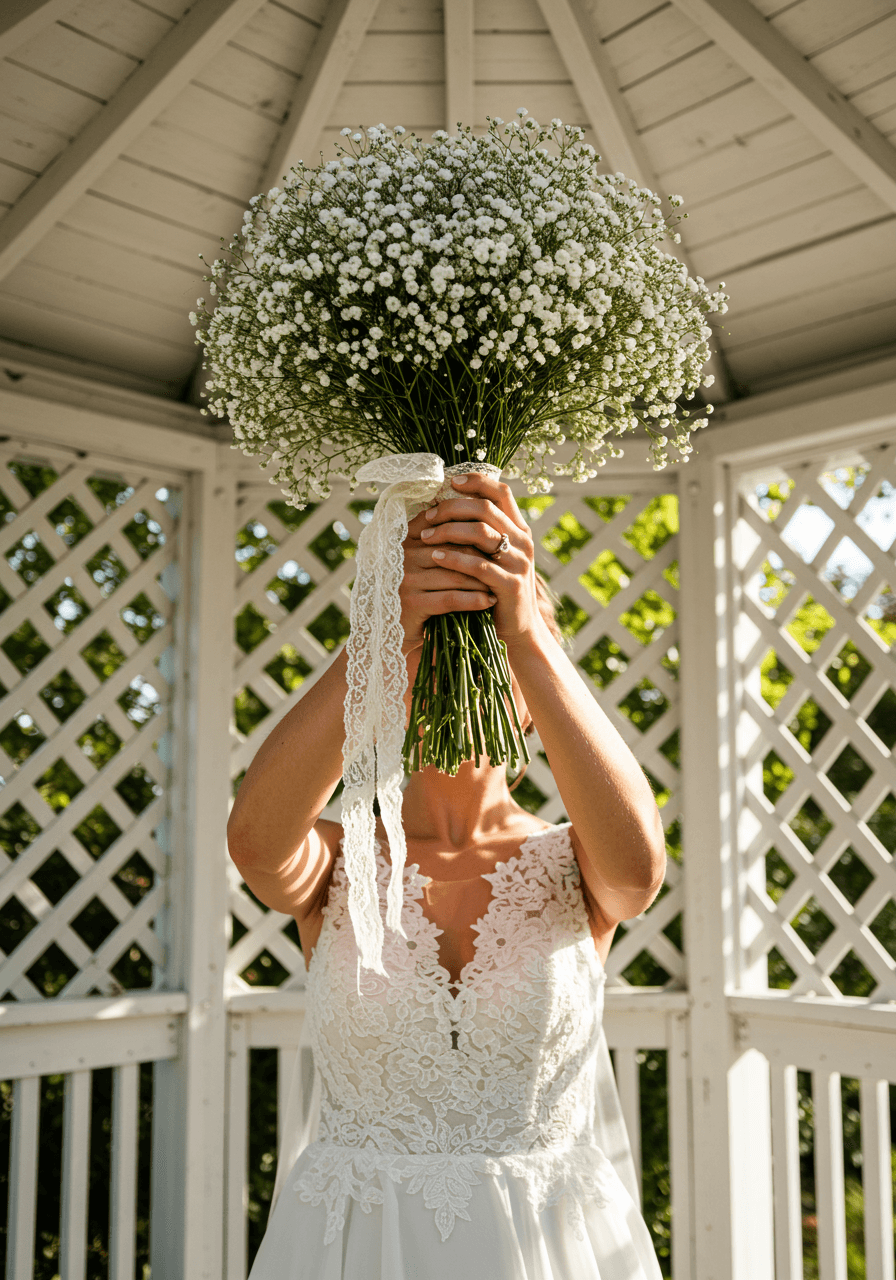 Bride lifting lace-wrapped baby's breath bouquet in sunlit garden gazebo setting