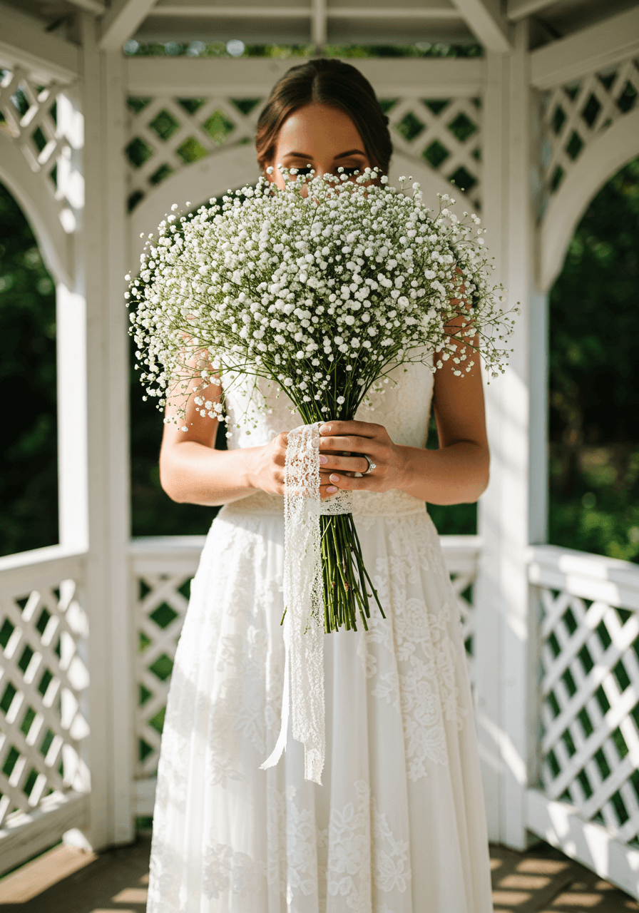 Bride holding baby's breath bouquet with intricate lace ribbon wrapping in garden gazebo