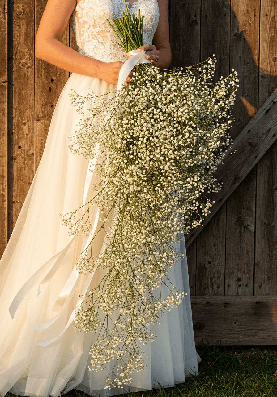 Bride's hands holding oversized baby's breath bouquet with long trailing stems against barn door