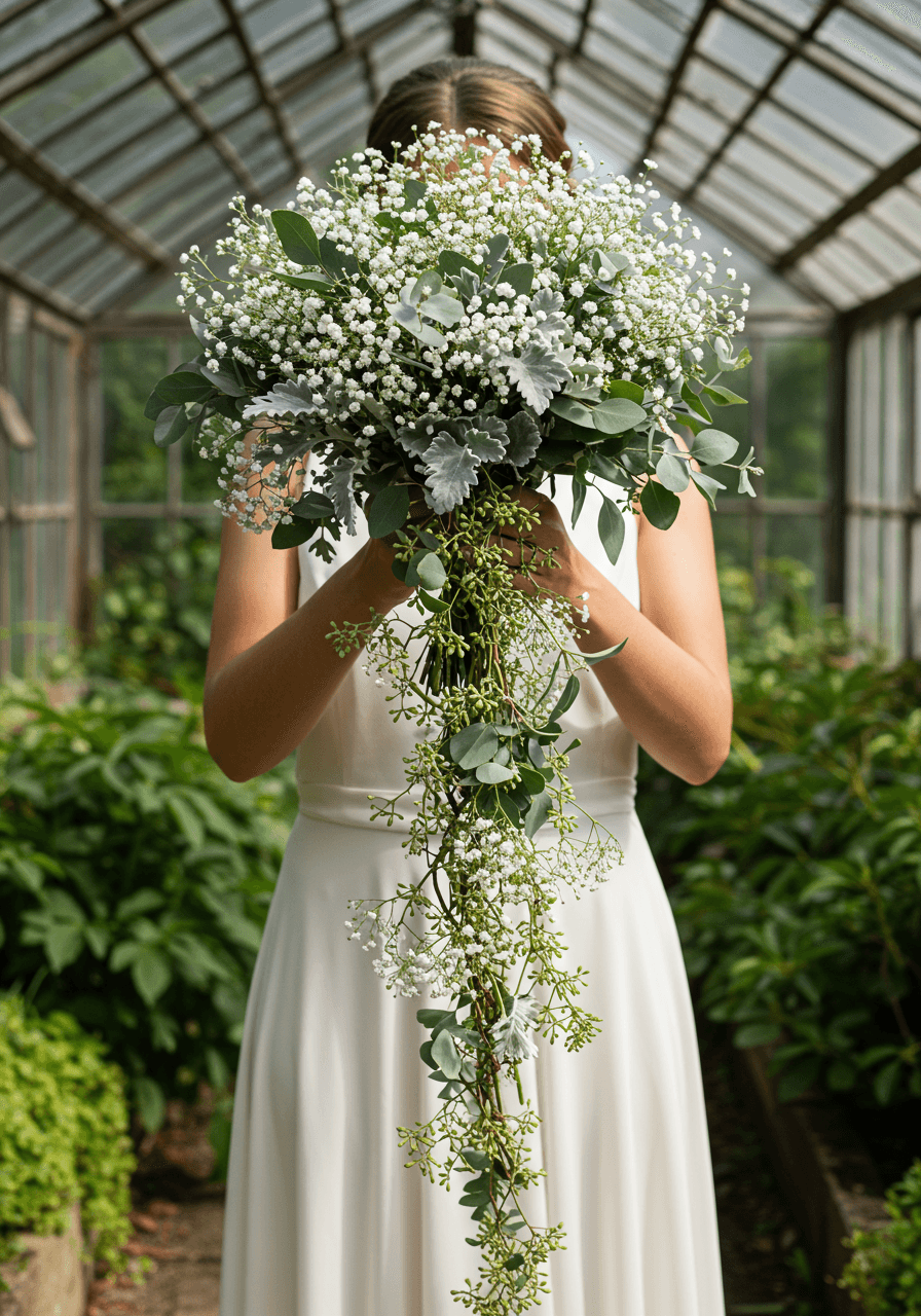 Bride lifting mixed greenery and baby's breath bouquet in sunlit garden conservatory