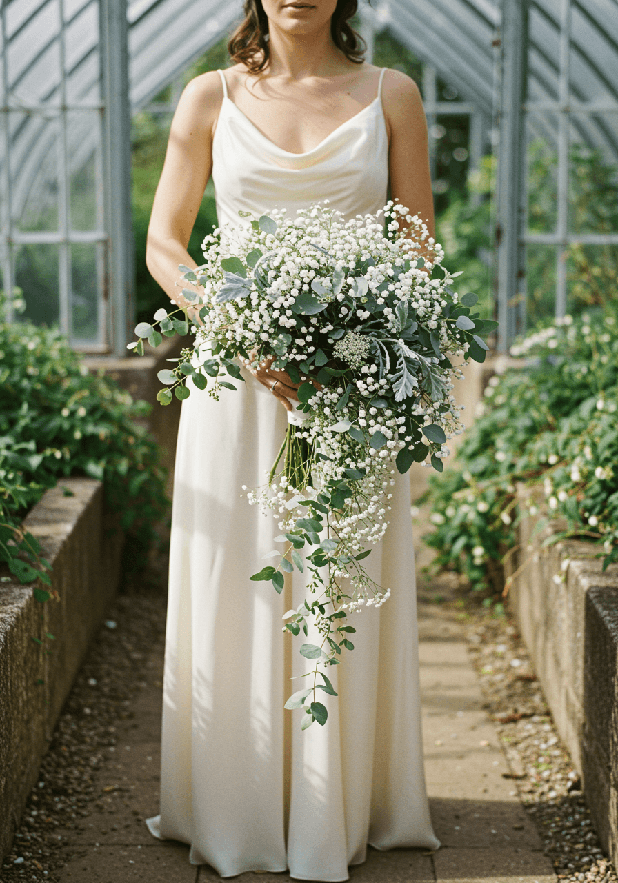 Bride holding cascading baby's breath bouquet with eucalyptus and dusty miller in conservatory