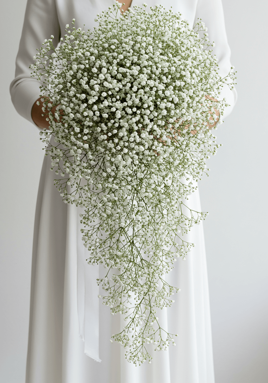 Cascading baby's breath bouquet held at waist level in minimalist white studio setting