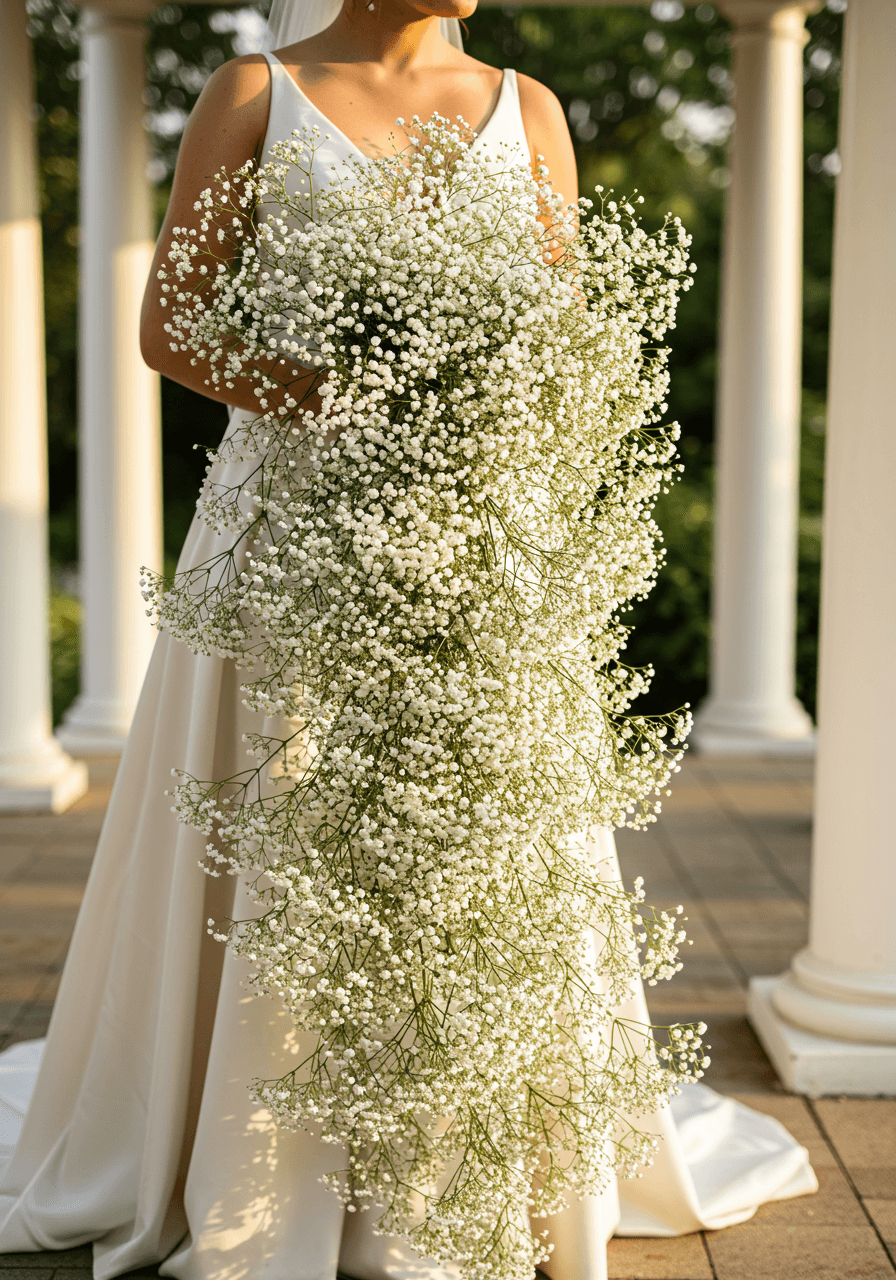 Bride cradling extraordinarily large cascading baby's breath bouquet in sunlit garden pavilion