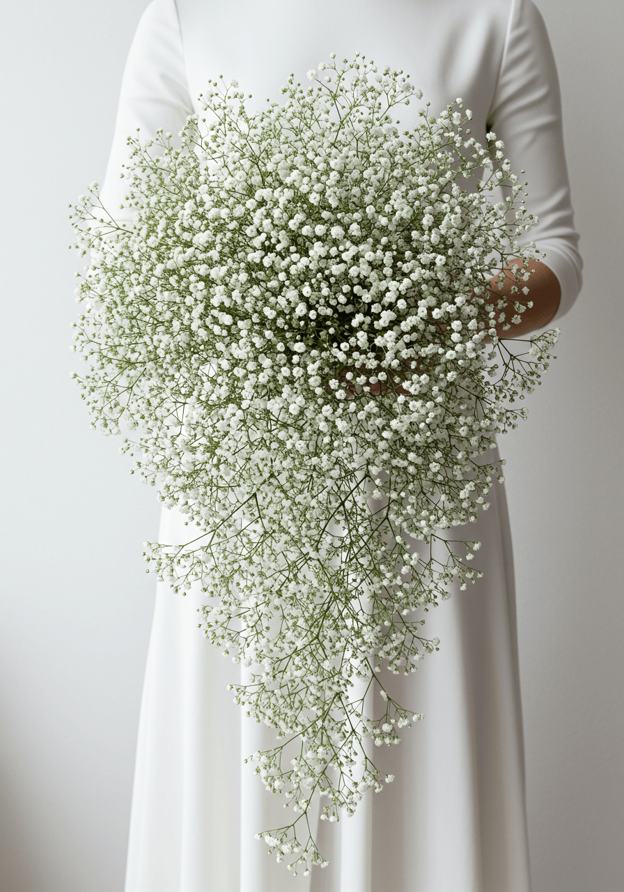 Bride holding spherical baby's breath bouquet in sunlit garden chapel setting