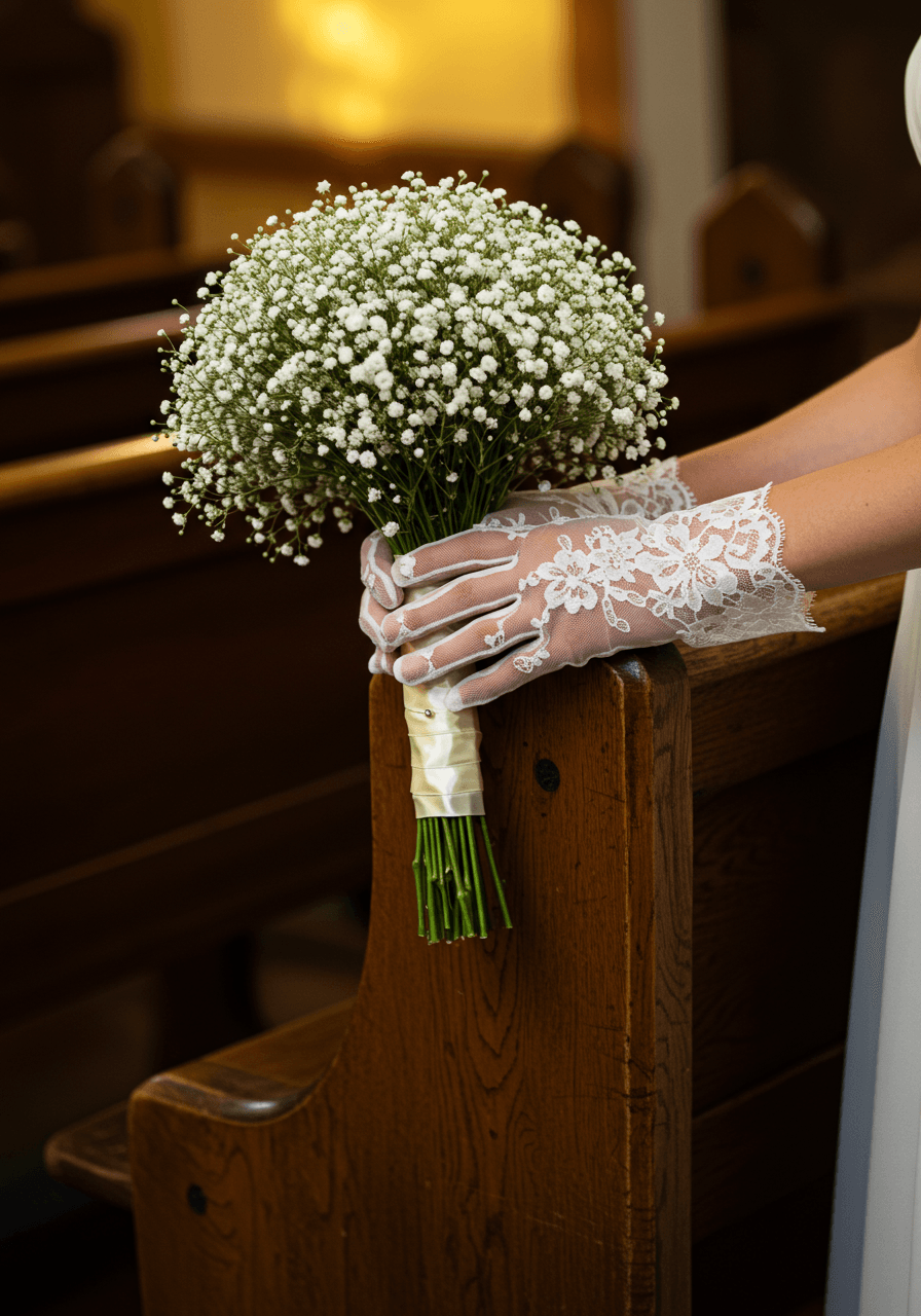 Elegant hands in vintage lace gloves holding compact baby's breath nosegay in church pew