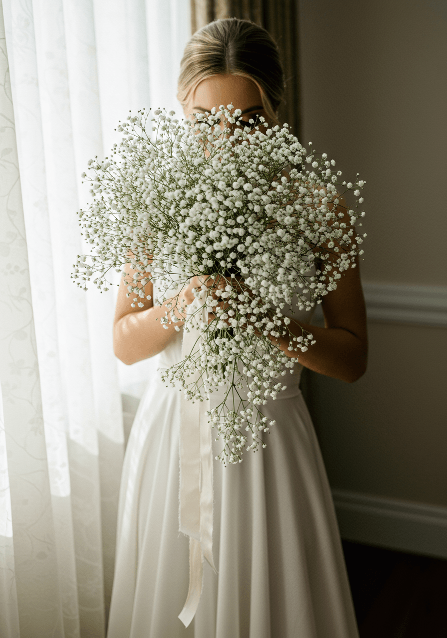 Bride holding dramatically cascading baby's breath bouquet in elegant bridal suite with natural lighting
