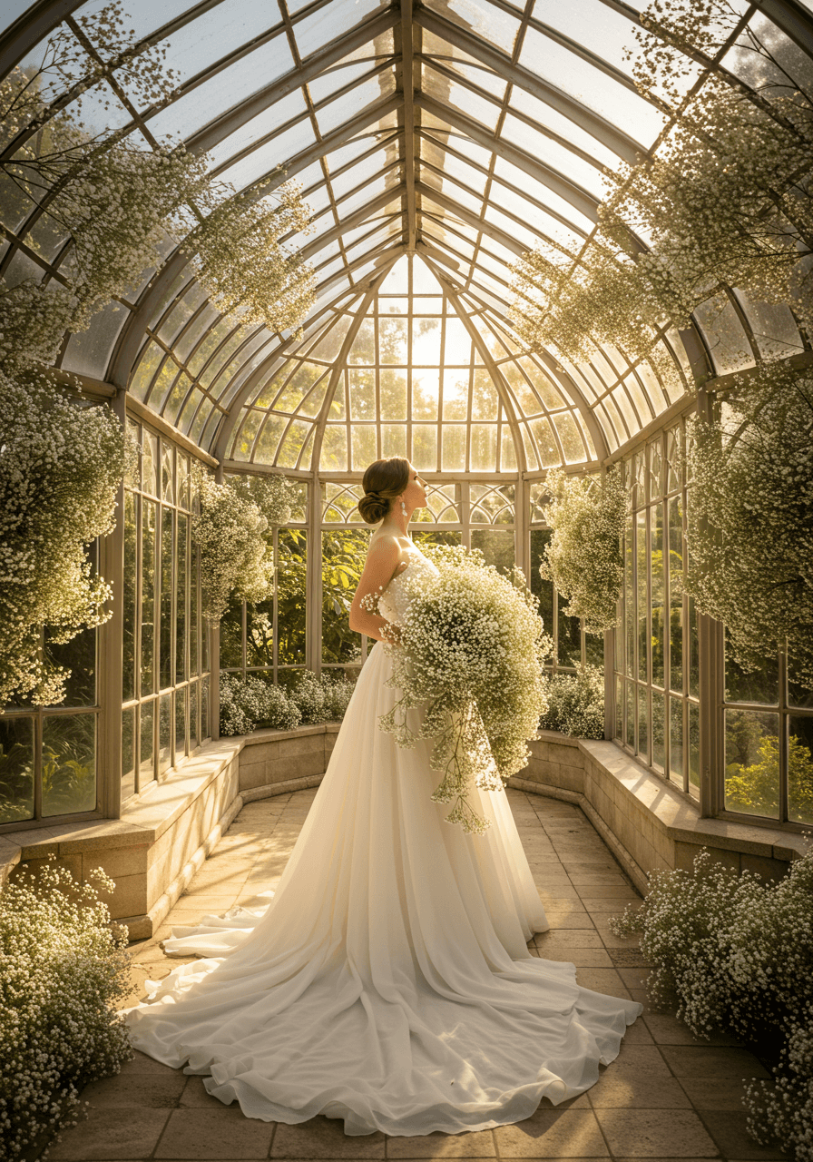 Bride in flowing chiffon gown holding enormous cascading baby's breath bouquet in glass conservatory