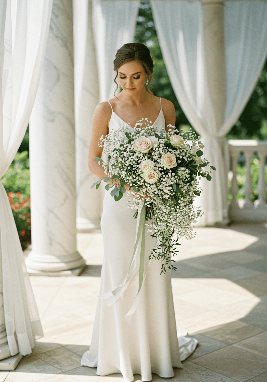 Bride holding cascading baby's breath bouquet with ivory roses and eucalyptus in garden pavilion
