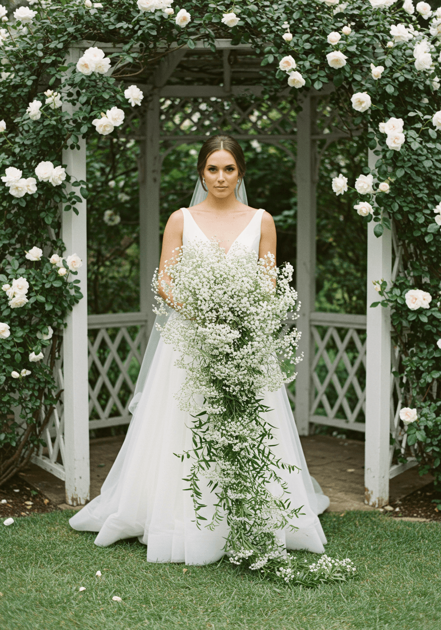 Bride holding dramatic cascading baby's breath bouquet flowing to feet in garden gazebo