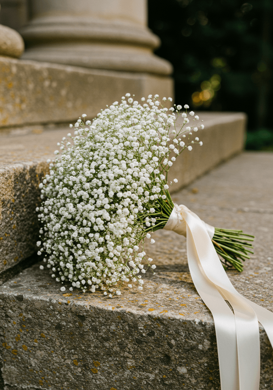 Asymmetrical baby's breath bouquet resting on weathered stone chapel steps during golden hour