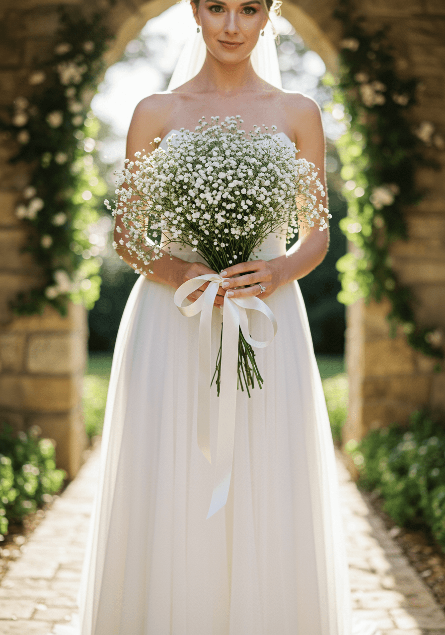 Bride holding baby's breath bouquet wrapped with white silk ribbon in sunlit garden gazebo