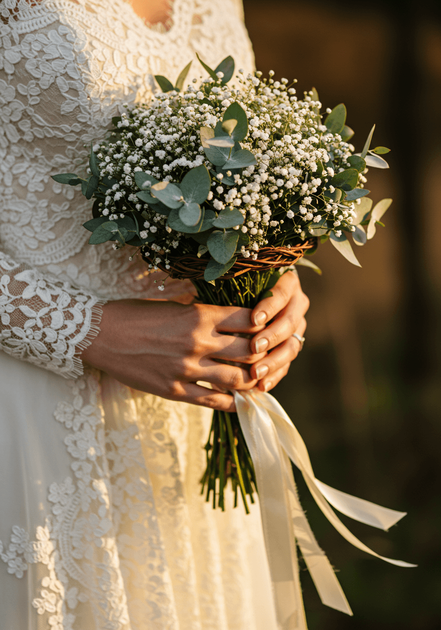 Detailed close-up of hands in lace dress holding baby's breath and eucalyptus bouquet during golden hour