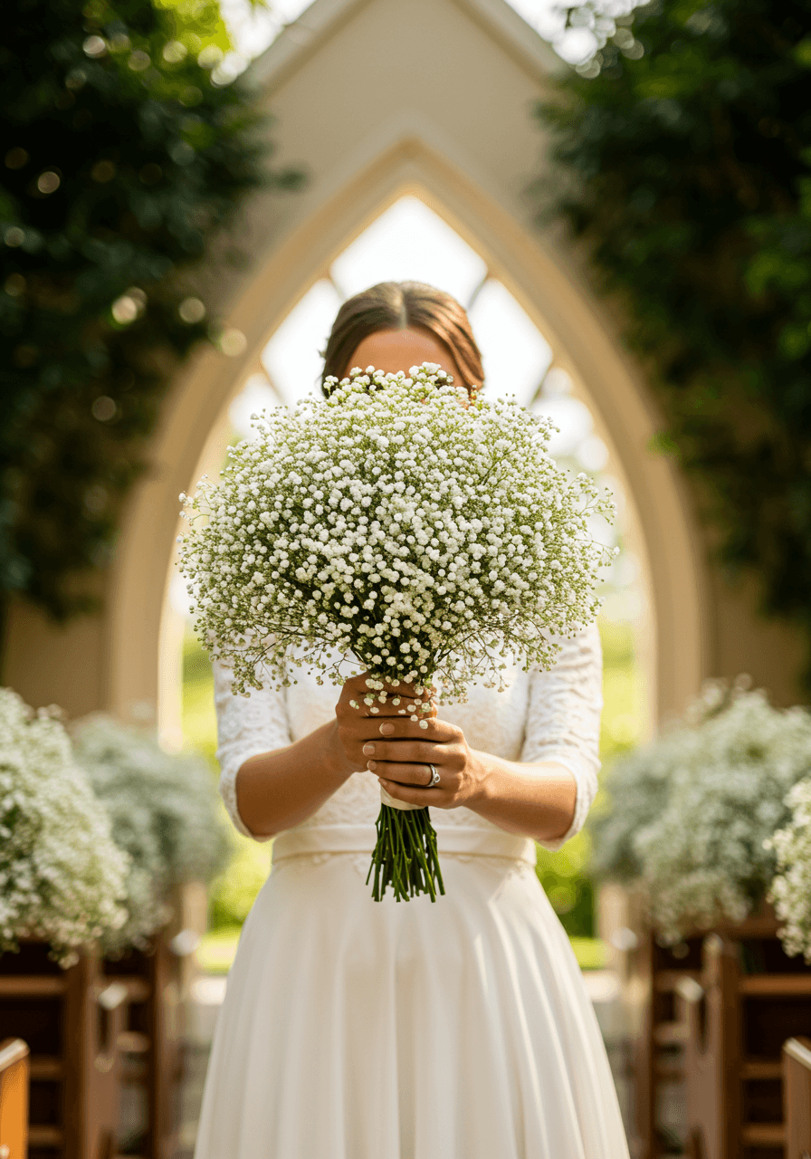 Round baby's breath bouquet captured from low angle in garden chapel setting