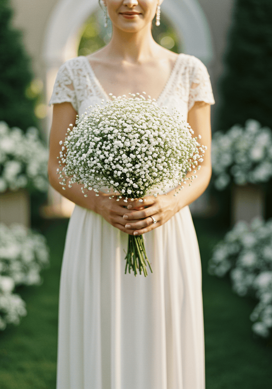 Bride holding perfectly spherical baby's breath bouquet in sunlit garden chapel