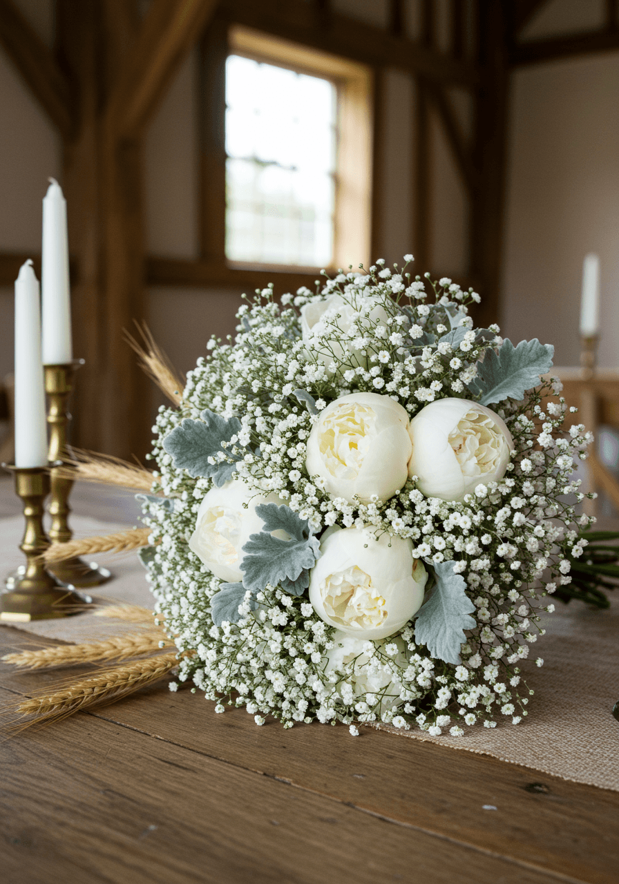 Baby's breath bouquet with white peonies and dusty miller on weathered oak table in barn venue