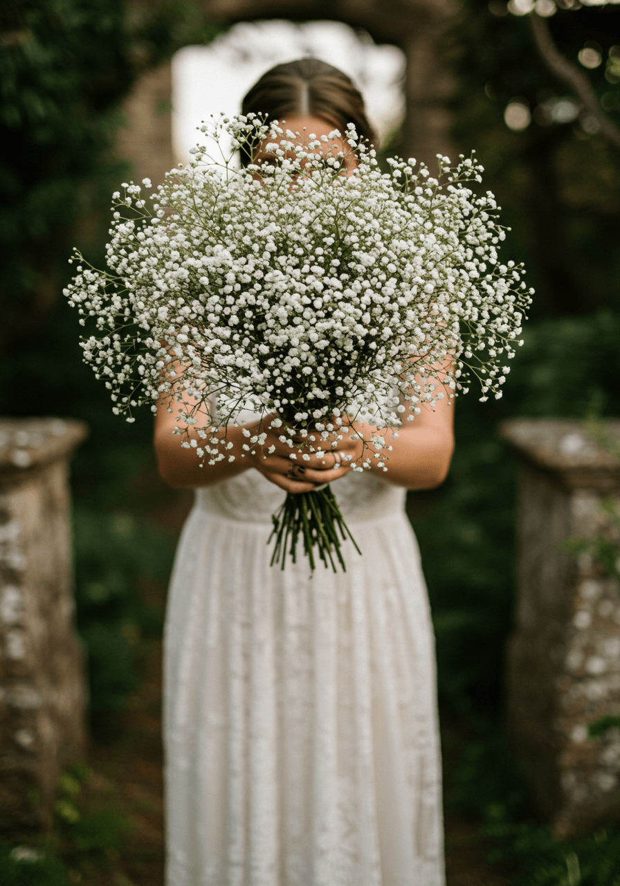 Bohemian bride lifting textured baby's breath bouquet in outdoor garden setting