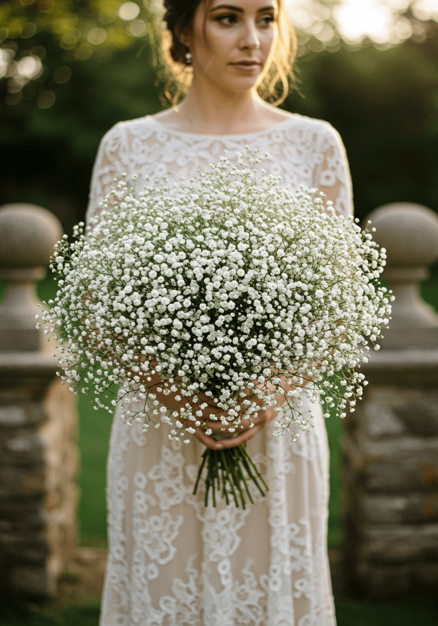 Bride holding voluminous textured baby's breath bouquet with varying stems in rustic garden