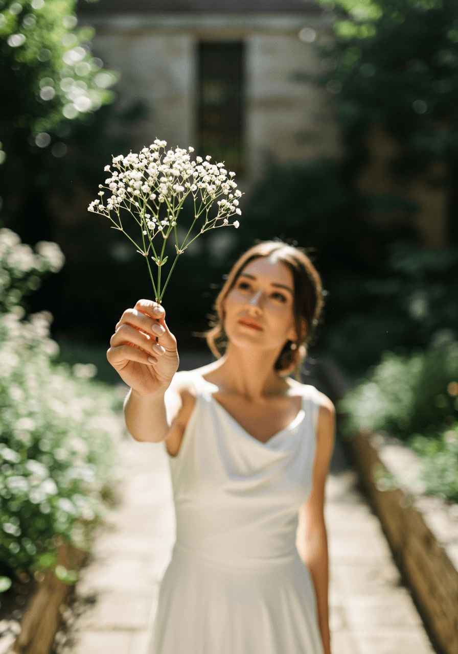 Serene bride with single baby's breath stem in morning light garden setting