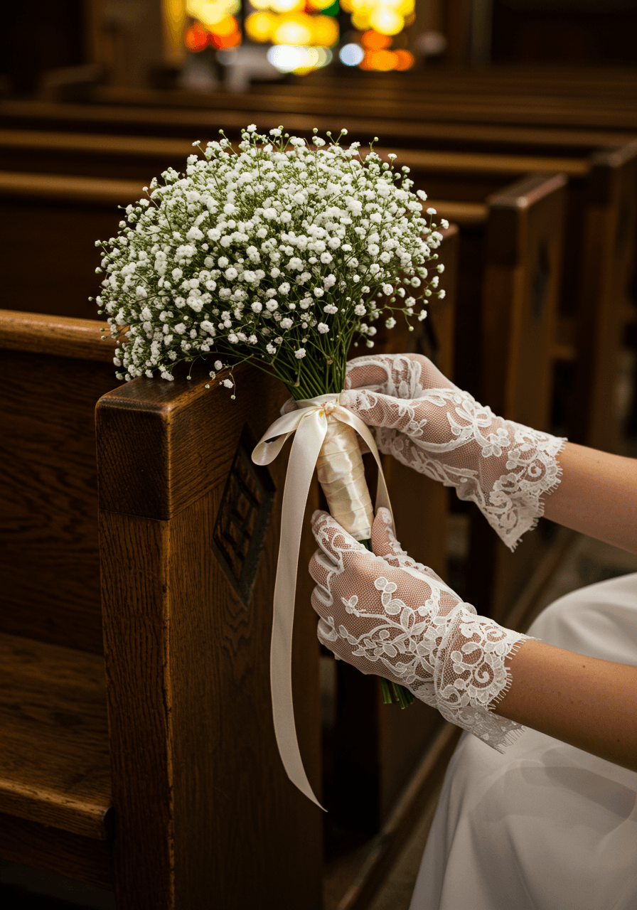 Bride in lace gloves adjusting baby's breath nosegay bouquet in church setting