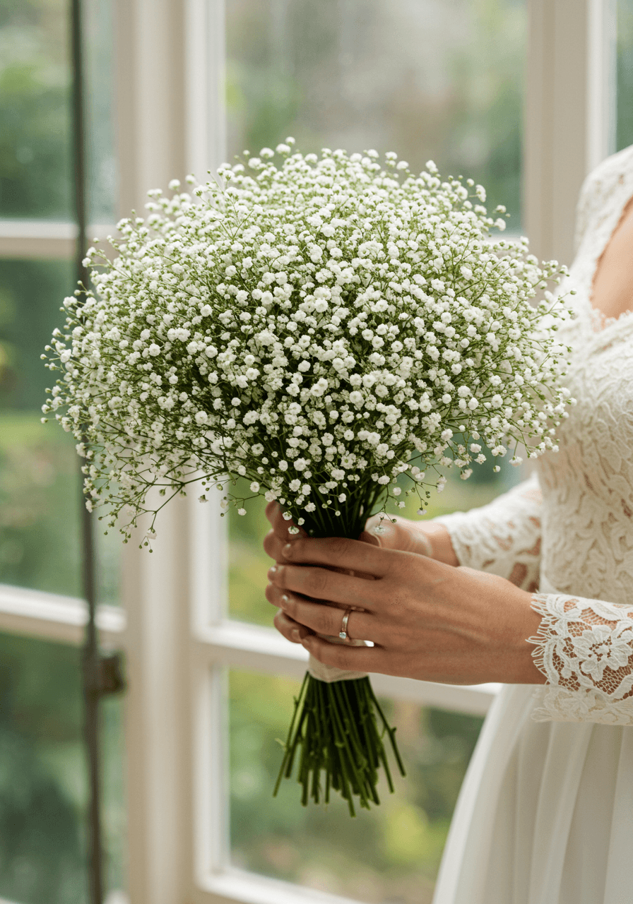 Close-up of hands holding densely packed baby's breath arrangement in bright conservatory