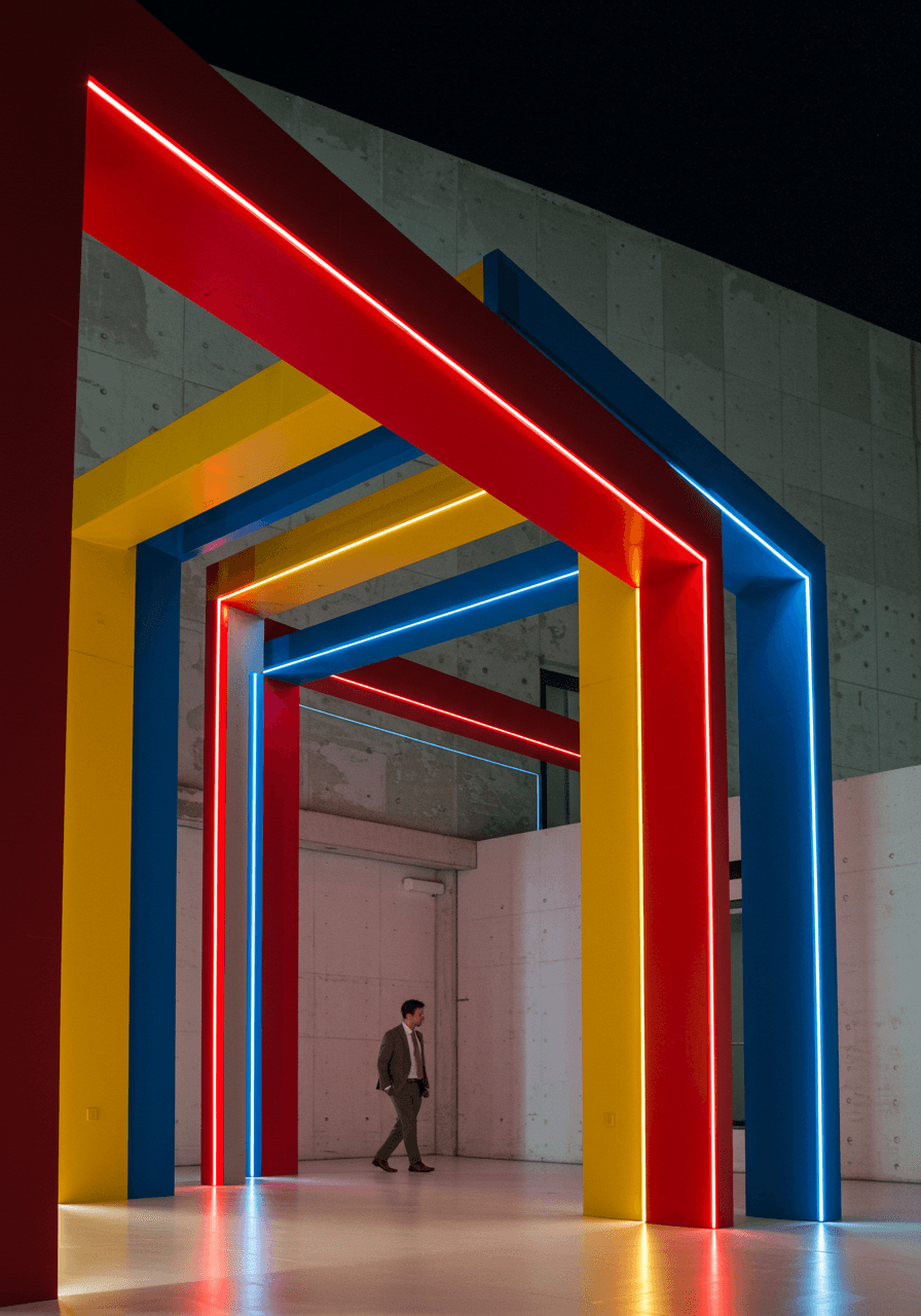 Evening shot of elegantly dressed guests entering reception through Bauhaus-inspired geometric entrance