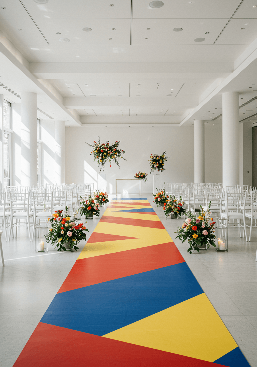 Contemporary wedding aisle with geometric colour block runners in red, blue, and yellow patterns
