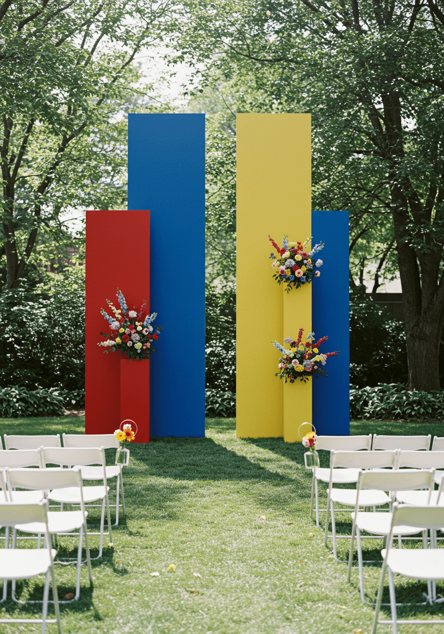 Large geometric wedding arch made of primary coloured rectangular panels in outdoor garden setting