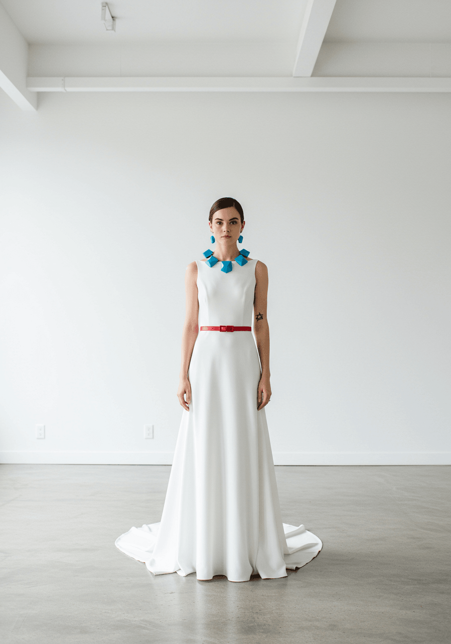 Minimalist bride in geometric wedding dress with red belt and blue jewellery accessories in modern studio