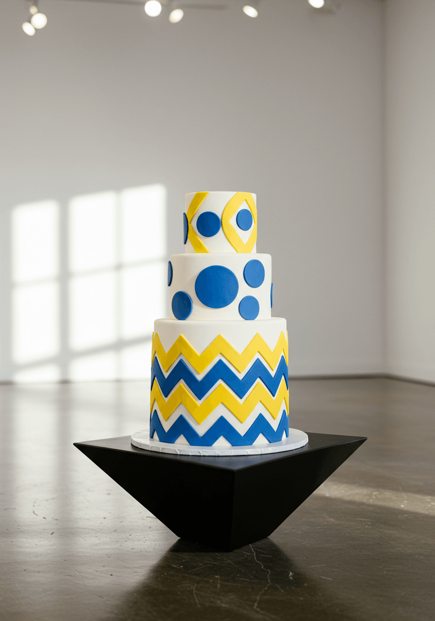 Low angle dramatic shot of geometric cake on triangular stand with bold primary coloured accents