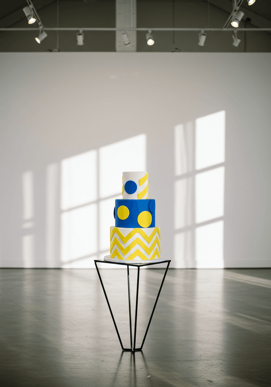 Geometric wedding cake with yellow and blue patterns displayed on black triangular pedestal