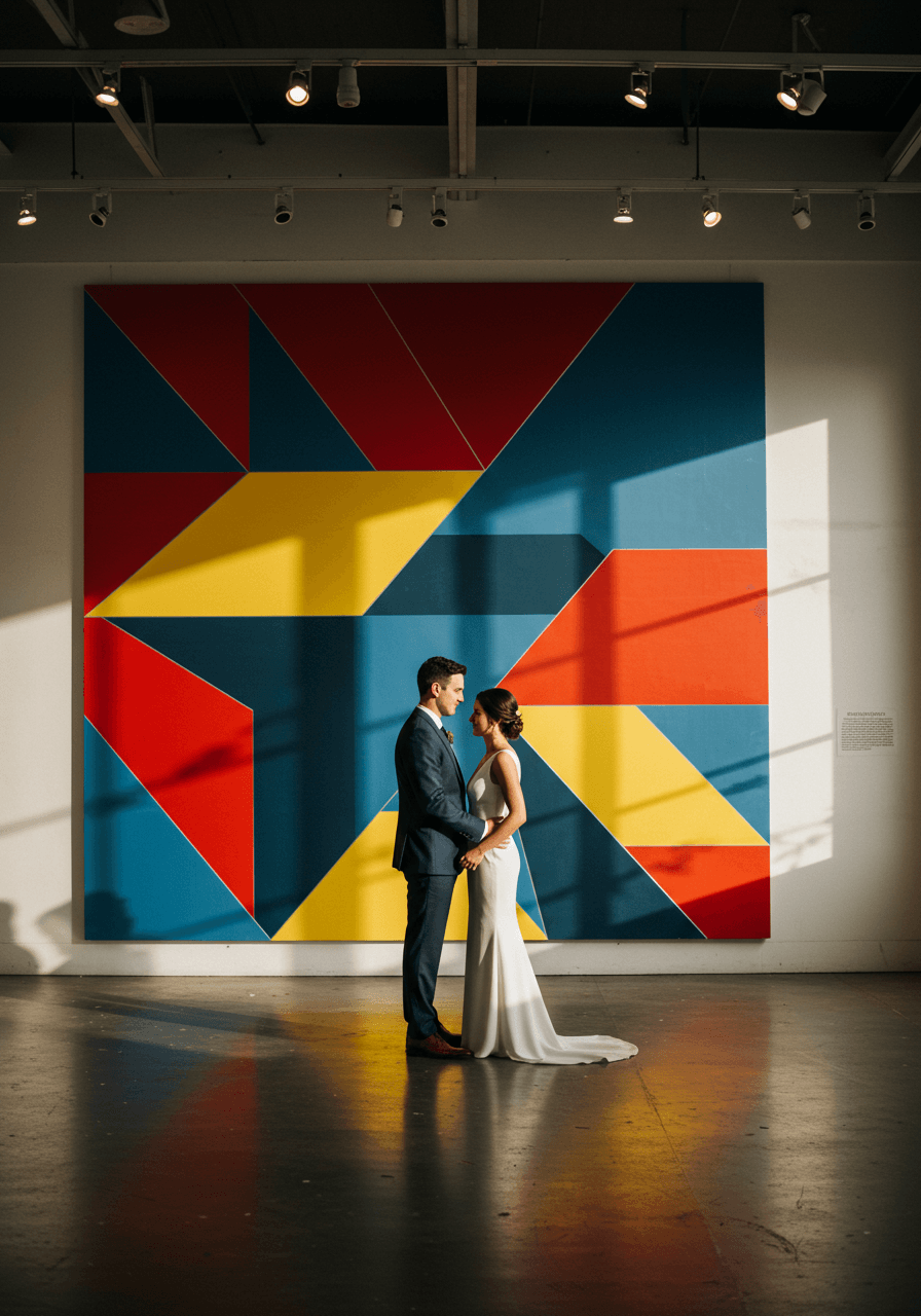 Wedding couple standing before large geometric backdrop wall with primary coloured triangles and rectangles during golden hour