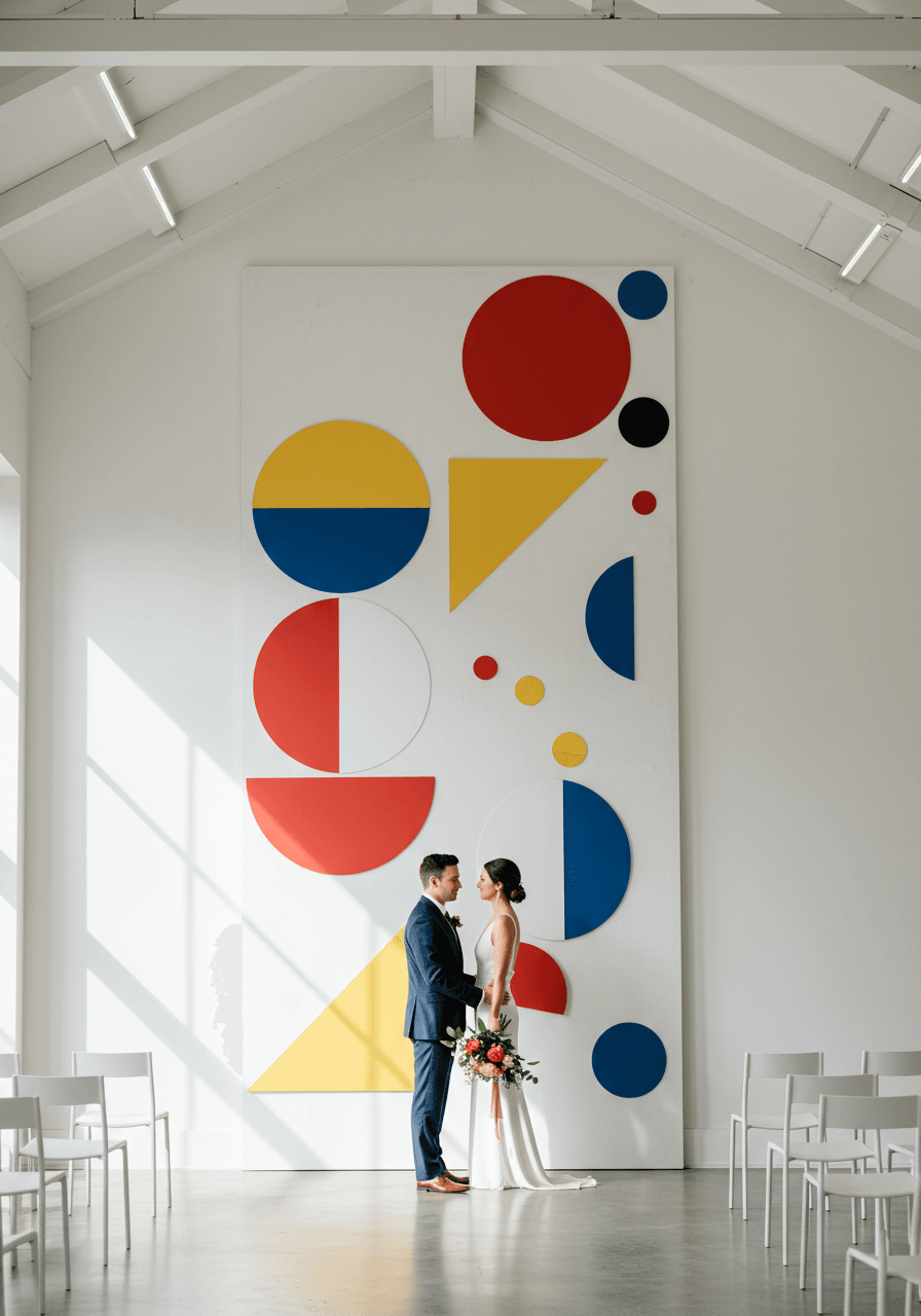 Focused shot of bride and groom with modern geometric art installation featuring Bauhaus-inspired shapes