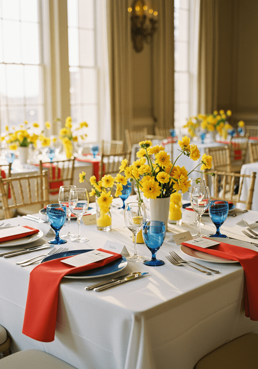 Wide shot of elegant ballroom wedding table with primary coloured accents during golden hour
