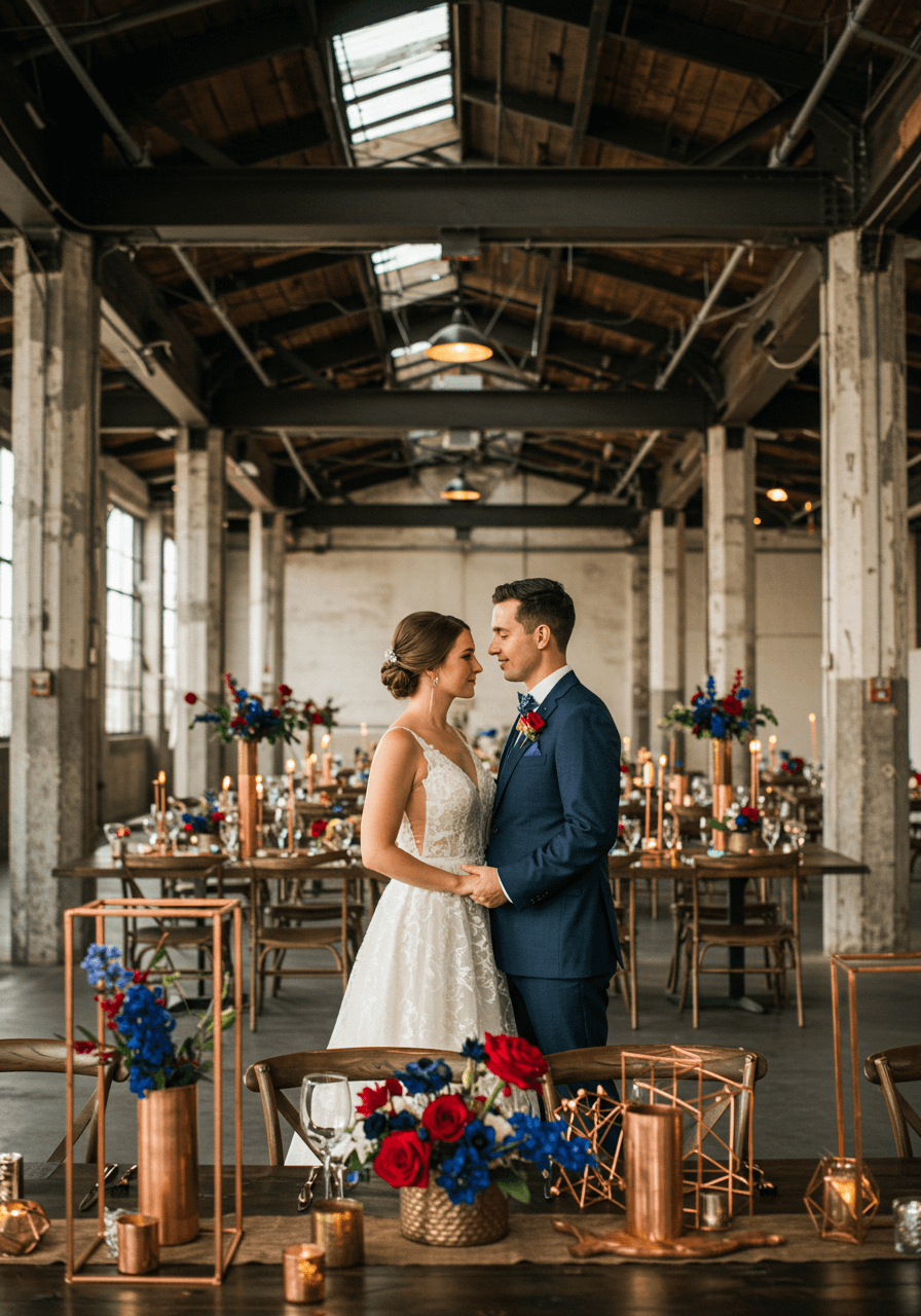 Wedding couple in industrial warehouse venue with steel beams and primary coloured floral accents during golden hour