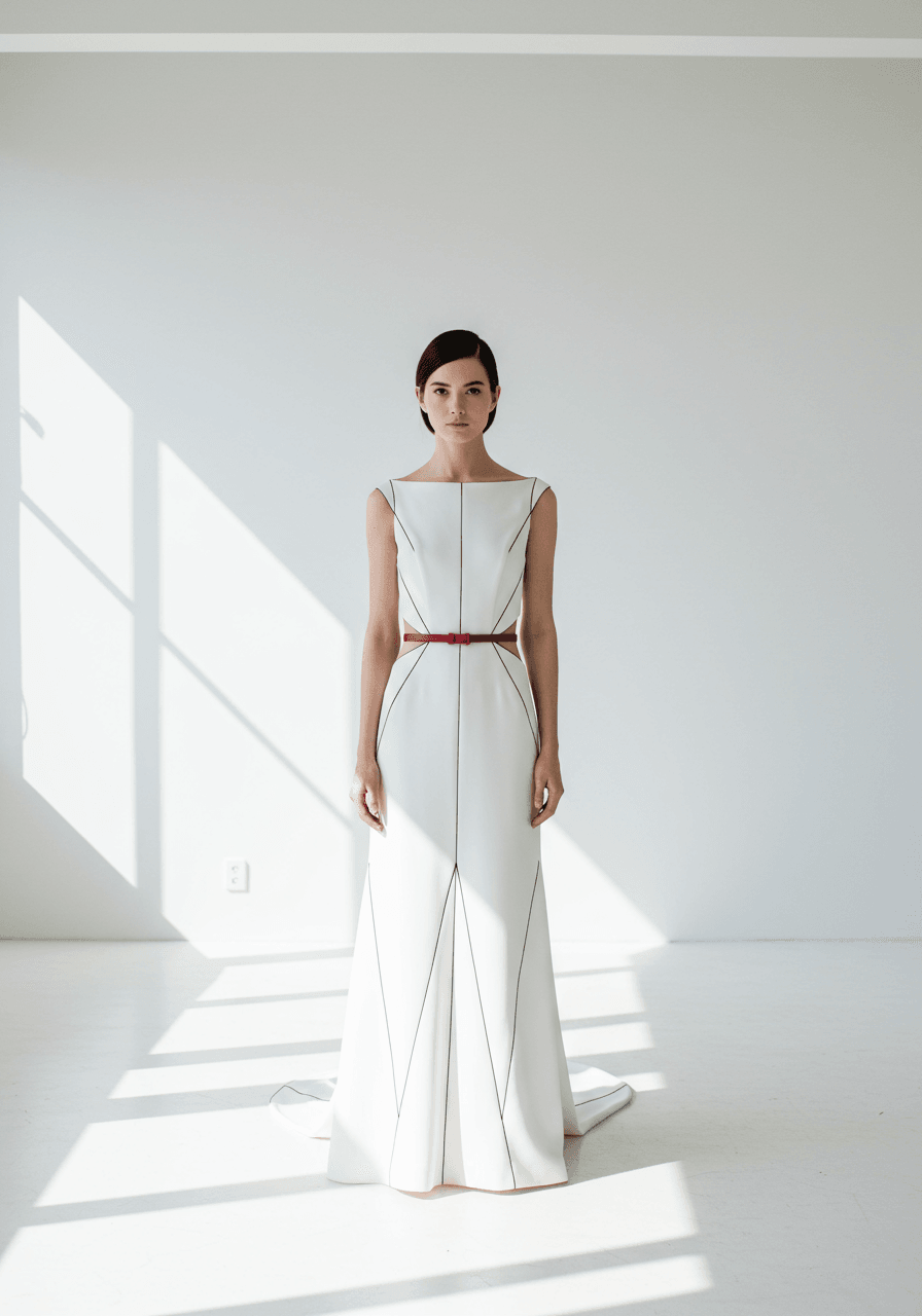 Bride wearing minimalist geometric wedding gown with architectural necklines in modern white studio
