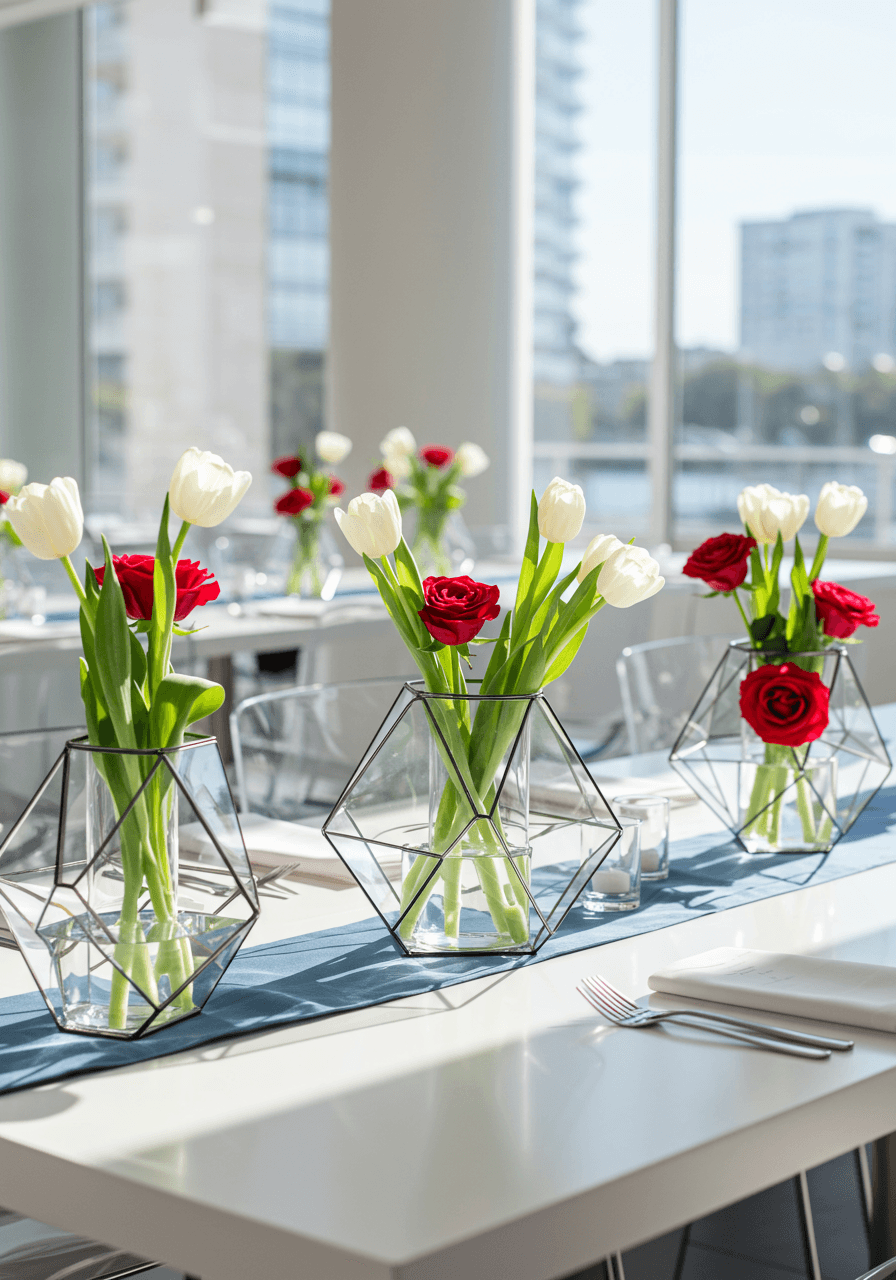 Minimalist white rectangular table with geometric glass vases containing single flower stems in contemporary venue