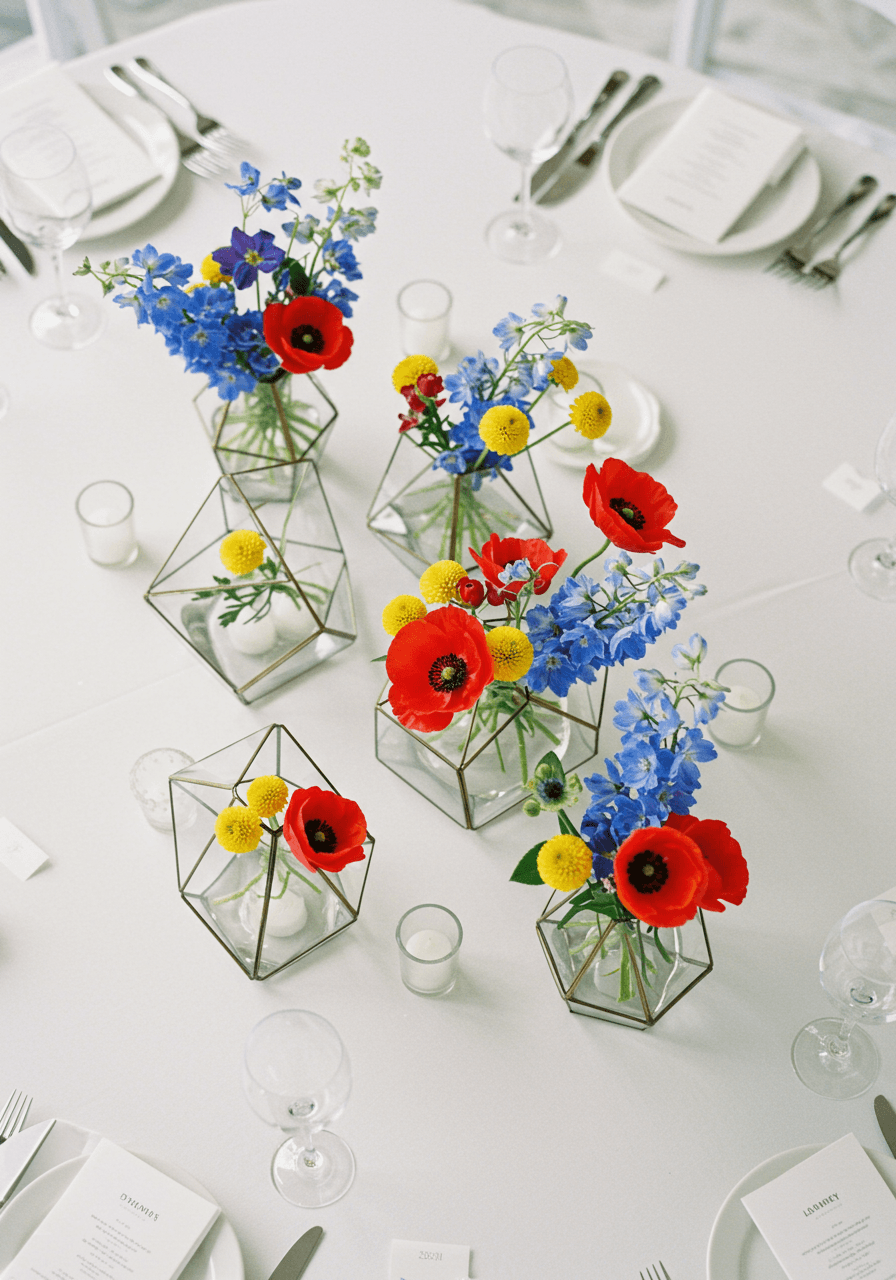 Aerial view of minimalist wedding table setting featuring geometric glass vases with vibrant floral arrangements