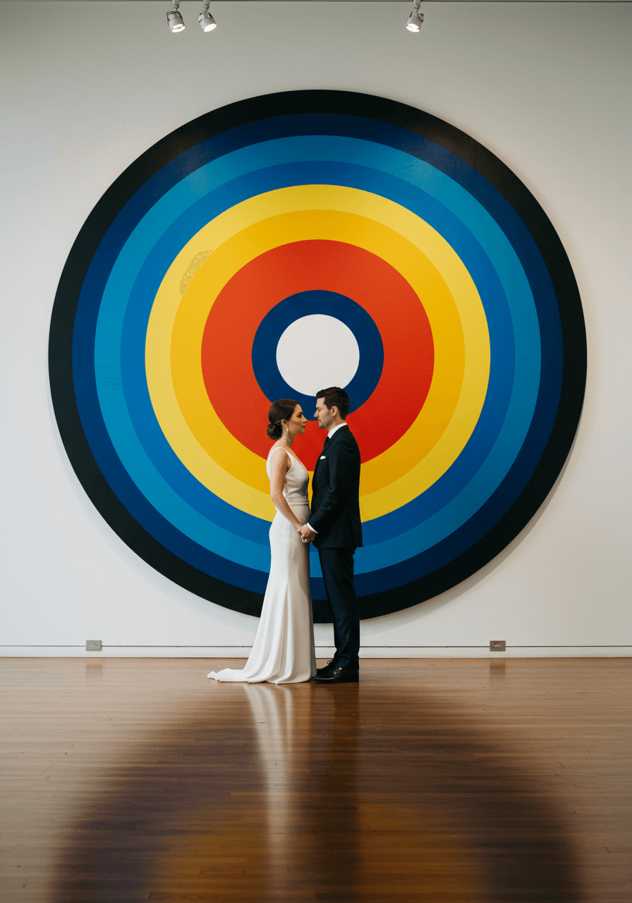 Bride and groom standing before large circular backdrop with concentric rings in primary colours