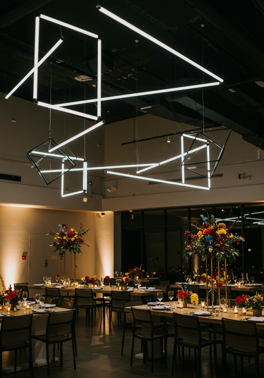 Modern wedding reception with suspended geometric light fixtures and primary coloured table settings
