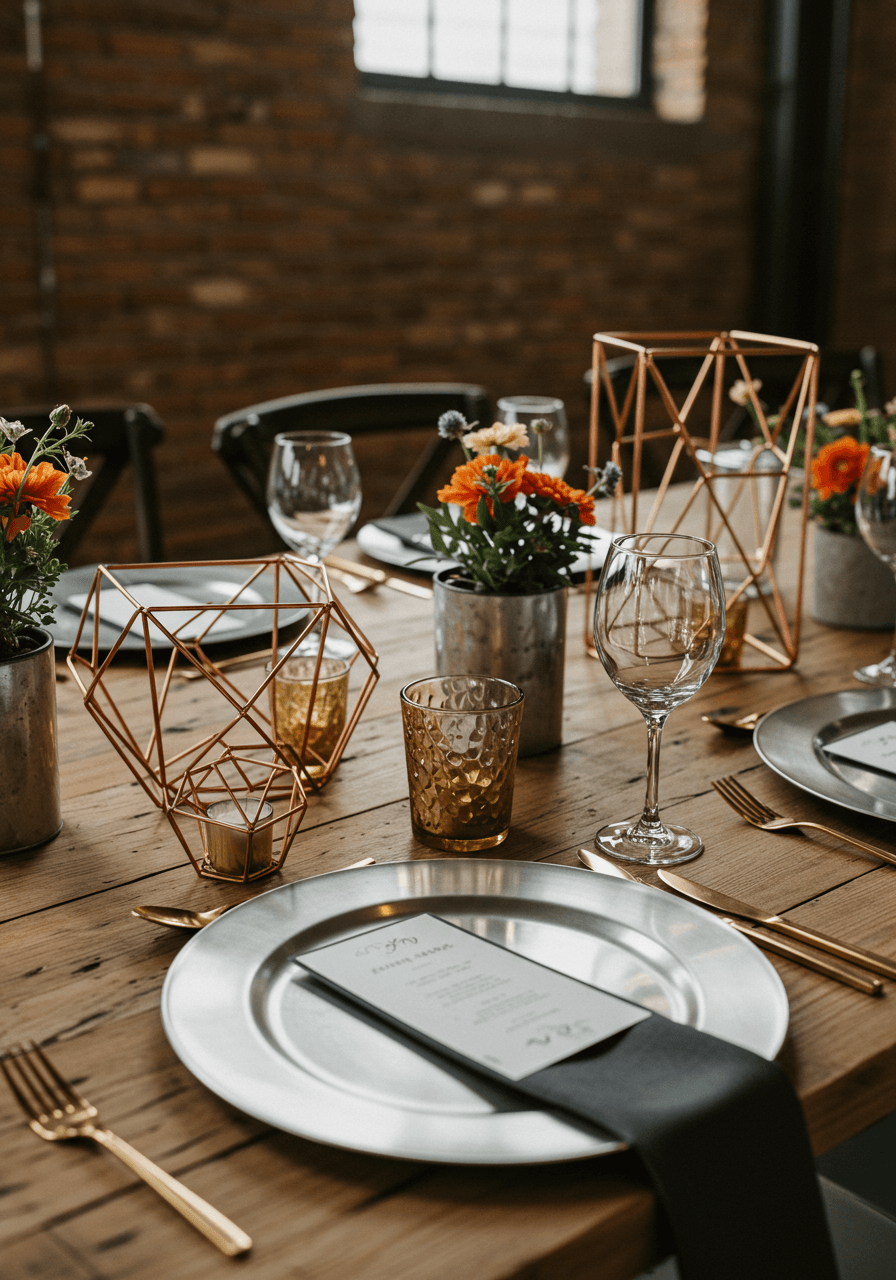 Close-up of modern wedding tablescape with brushed steel chargers and copper geometric centrpieces